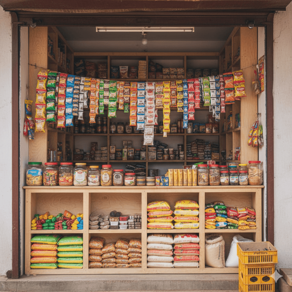Organized village kirana store with structured shelves